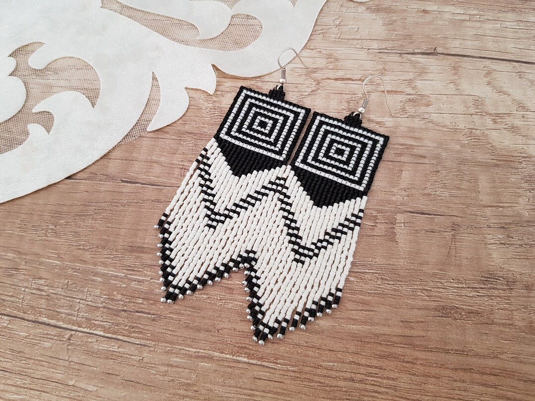 Black & White Seed Bead Earrings: Long Geometric Fringe, Boho Tassel ...