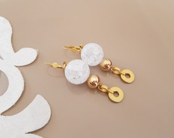 Crystal Sphere Earrings, Ball Quartz Gold Earrings, Clear Crackle Boho Dangle, Semiprecious Stone Jewelry, Girlfriend Gift