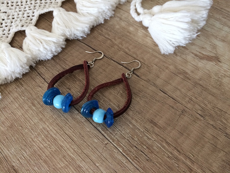 Birthday Gift Earthy Rustic Dangle Glass Beaded Earrings Boho Leather Earrings Leather Hoop Drop Bohemian Jewelry Teardrop Earrings