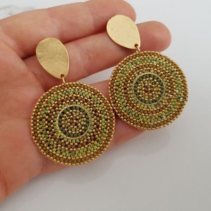 Green Circle Bead Earrings, Post Dangle Large Round Earrings, Gold Big Disc Stud Dangle, Geometric Boho Earrings, Gift for Her image 3