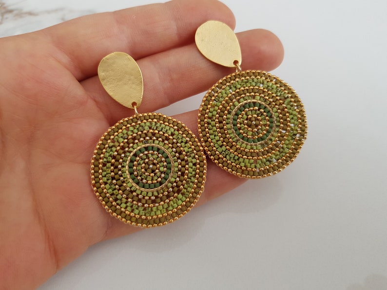 Green Circle Bead Earrings, Post Dangle Large Round Earrings, Gold Big Disc Stud Dangle, Geometric Boho Earrings, Gift for Her image 3