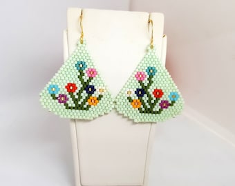 Seed Bead Flowery Drop Earrings, Mint Green Brick Stitch Dainty Dangle, Multicolored Beadwork Floral Jewelry, Gift For Her