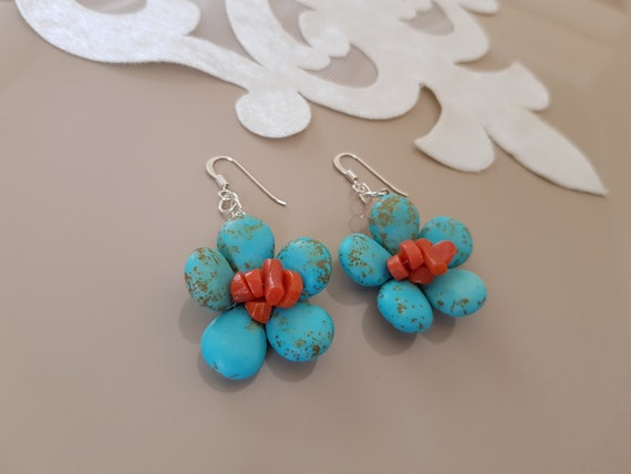 Contemporary New Tibetan Silver Turquoise Bead /& Cube Dangle Drop Earrings