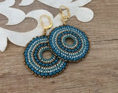 Beaded Circle Teal Earrings, Boho Blue Jewelry, Hoop Dangle, Seed Bead Round Earrings, Large Disc Earrings, Birthday Gift Sister, Gift Her