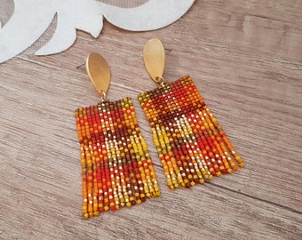 Autumn of Color Beaded Plaid Earrings, Fringe Tartan Dangle, Gold Plated Stud Square Stitch Earrings
