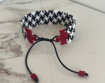 Houndstooth Bead Bracelet, Black White Red Slide Adjustable Women Bracelet, Birthday Gift for Her