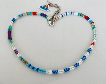 Summer Rope Necklace, Herringbone Bead Choker, Handwoven Multicolor Jewelry, Gift Women, Red Dark Blue White Beaded Necklace Sailing Boat