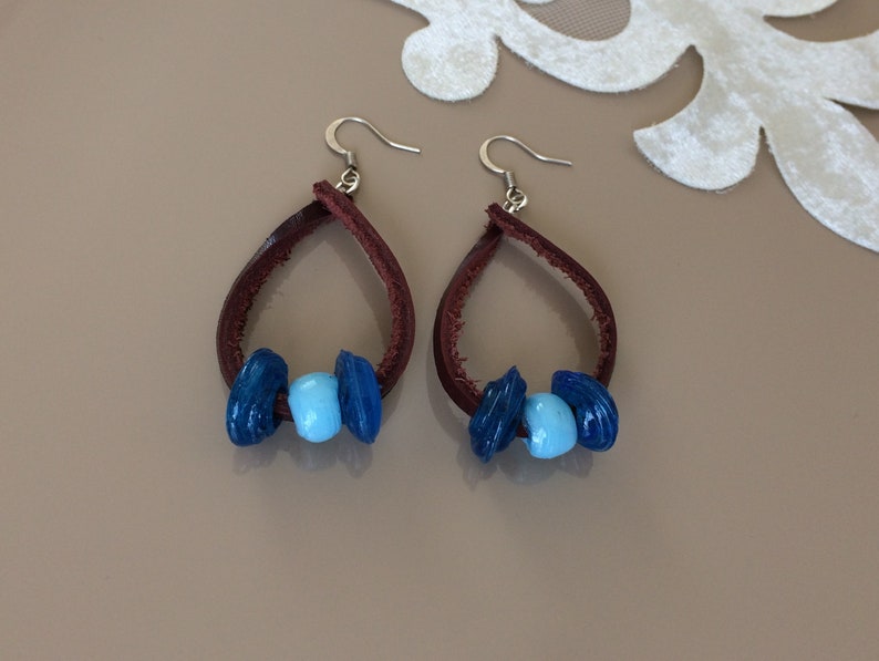 Birthday Gift Earthy Rustic Dangle Glass Beaded Earrings Boho Leather Earrings Leather Hoop Drop Bohemian Jewelry Teardrop Earrings