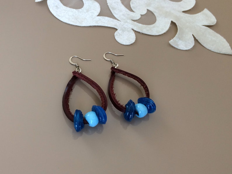 Birthday Gift Earthy Rustic Dangle Glass Beaded Earrings Boho Leather Earrings Leather Hoop Drop Bohemian Jewelry Teardrop Earrings