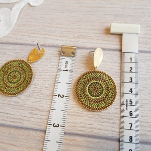 Green Circle Bead Earrings, Post Dangle Large Round Earrings, Gold Big Disc Stud Dangle, Geometric Boho Earrings, Gift for Her image 8