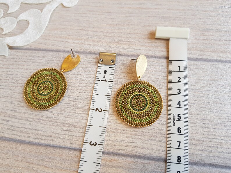 Green Circle Bead Earrings, Post Dangle Large Round Earrings, Gold Big Disc Stud Dangle, Geometric Boho Earrings, Gift for Her image 8