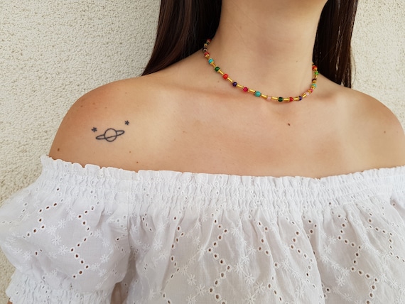 90s Style Beaded Choker Necklace Gold 