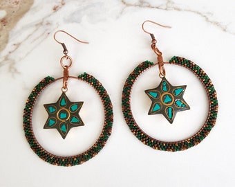 Nepal Star of David Hoop Earrings, Green Star Dangle, Seed Beaded Large Circle Earrings, Ethnic Brass Pendant, Boho Copper Jewelry