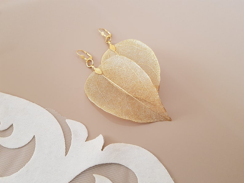 Real Leaf Gold Plated Earrings, 18K Gold Dipped Wedding Jewelry, Bridal ...
