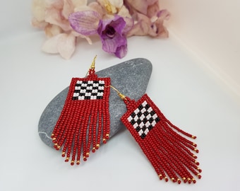 Checkerboard Seed Bead Fringe Earring, Checkered Red Black White Jewelry, Chequer Beaded Earring, Chess Tassel Dangling, Birthday Gift Her