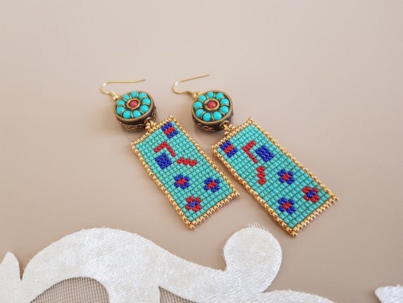 brass earring boho earring Turquoise earring gold plated earring Gift jewelry women accessory round earring beaded earring