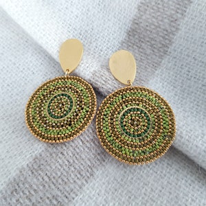Green Circle Bead Earrings, Post Dangle Large Round Earrings, Gold Big Disc Stud Dangle, Geometric Boho Earrings, Gift for Her image 4