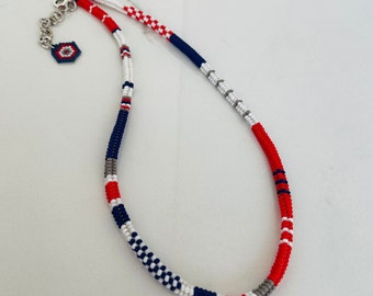 Herringbone Rope Necklace, Handwoven Seed Bead Necklace, Red Navy Blue White Choker, Summer Jewelry Women Gift, Adjustable Trendy Necklace