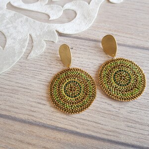 Green Circle Bead Earrings, Post Dangle Large Round Earrings, Gold Big Disc Stud Dangle, Geometric Boho Earrings, Gift for Her image 10