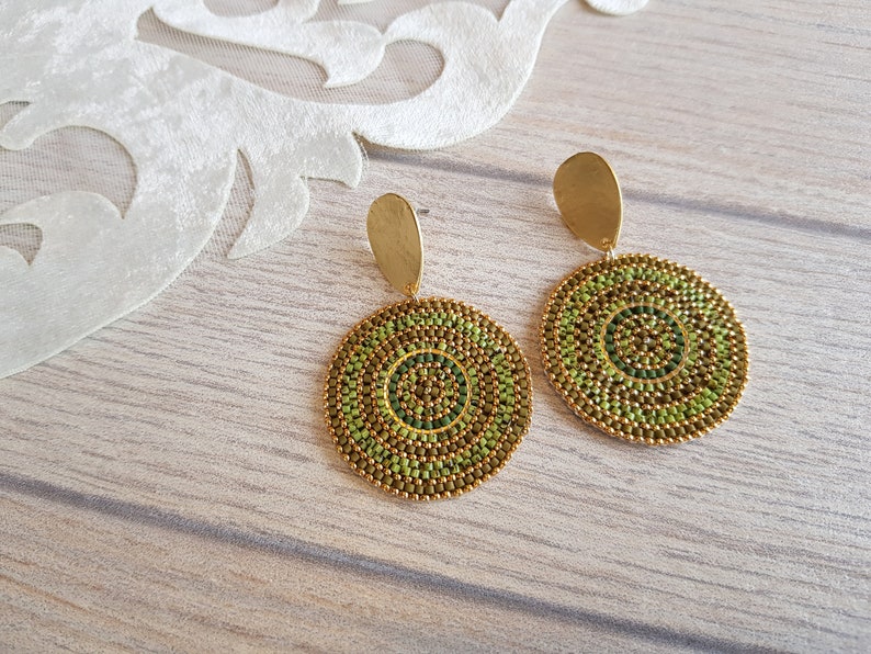 Green Circle Bead Earrings, Post Dangle Large Round Earrings, Gold Big Disc Stud Dangle, Geometric Boho Earrings, Gift for Her image 10