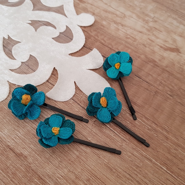 Bridal Flower Hair Pin Set, Teal Blue Hair Accessories, Floral Bobby Pins, Flower Hair Piece, Classic Blue Hair Clip, Boho Bridesmaid Hair