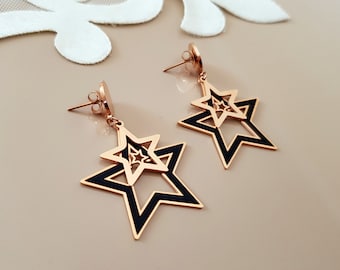 Double Star Earrings Stud Dangle, Rose Gold Celestial Jewelry, Push Back Dangle Earrings, Girlfriend Gift, Christmas Gift Her