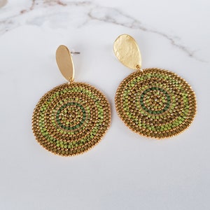Green Circle Bead Earrings, Post Dangle Large Round Earrings, Gold Big Disc Stud Dangle, Geometric Boho Earrings, Gift for Her image 2