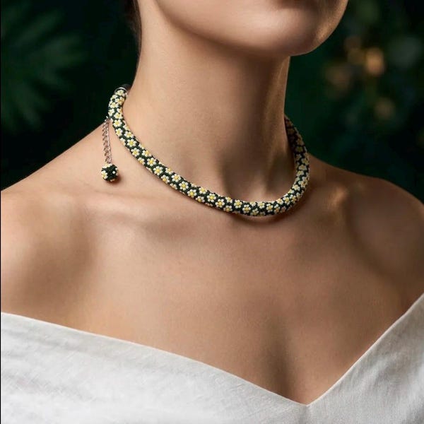 Daisy Seed Bead Choker: Handwoven Green Rope Necklace