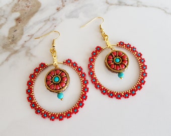 Large Open Circle Dangle Beaded Earrings, Tibet Red Seed Bead Hoops, Nepal Beaded Daisy Jewelry, Birthday Gift Her