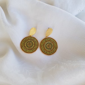 Green Circle Bead Earrings, Post Dangle Large Round Earrings, Gold Big Disc Stud Dangle, Geometric Boho Earrings, Gift for Her image 5