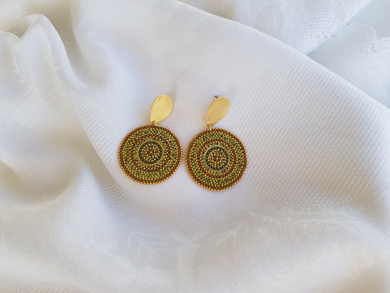 Green Circle Bead Earrings, Post Dangle Large Round Earrings, Gold Big Disc Stud Dangle, Geometric Boho Earrings, Gift for Her image 5