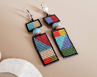 Rectangle Asymmetric Seed Bead Earrings, Modern Colorful Abstract Earrings, Mismatched Long Earrings, Geometric  Boho Chic jewelry, Gift Her