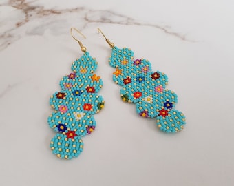 Flowery Big Earrings Mini Beaded, Turquoise Color Seed Bead Long Earrings