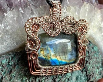 Rectangular Rainbow Labradorite Wire Wrapped Pendant in Sterling Silver and Antiqued Copper