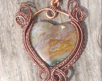 Elegant Ocean Jasper Heart In Antiqued Non-Tarnish Copper Wire Wrapped Pendant