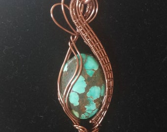 Turquoise in Antiqued Copper Wire Wrapped Pendant