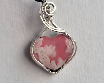 Pink Feather Agate Heart in Sterling Silver Wire Wrapped Pendant