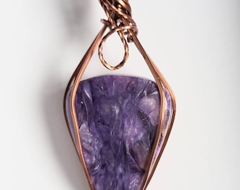 Simple Charoite in Antiqued Non-tarnish Copper Wire Wrapped Pendant