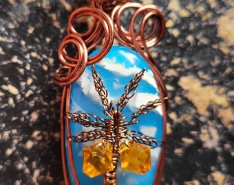 Resin Backed Plume Agate with Palm Tree in Antiqued Non-tarnish Copper Wire Wrapped Pendant