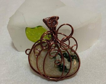 Pumpkin Light Ocean Jasper Wire Wrapped Pendant in Antiqued Non-tarnish Copper