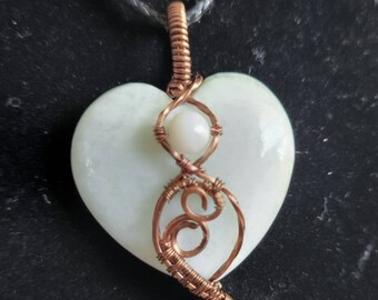 Amazonite Heart with Agate Bead in Antiqued Non-tarnish Copper Wire Wrapped Pendant
