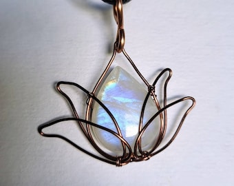 Rainbow Moonstone Lotus in Antiqued Non-tarnish Copper Wire Wrapped Pendant