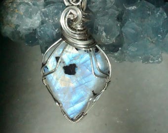 Rainbow Moonstone with Tourmaline in Sterling Silver Wire Wrapped Pendant