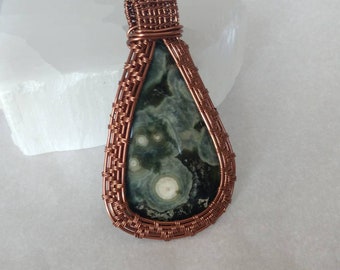 Green Ocean Jasper in Aniqued  Copper Wire Wrapped Pendant