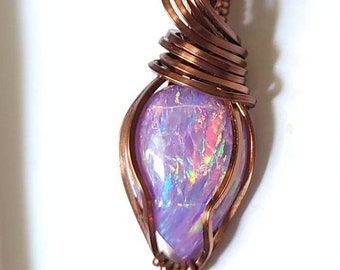 Synthetic Bello Opal In Antiqued Non-tarnish Copper Wire Wrapped Pendant