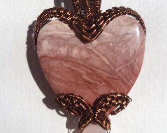 Imperial Jasper Heart and Rose Quartz Bead in Antiqued Non-tarnish Copper Wire Wrapped Pendant