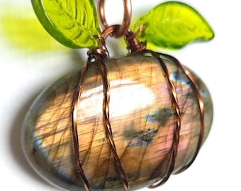 Labradorite Pumpkin in Antiqued Copper Wire Wrapped Pendant