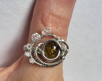 Statement Tourmaline with Swarovski Crystals in Sterling Silver Wire Wrapped Ring size 7.25