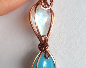 Rainbow Moonstone and Blue Chalcedony in Antiqued Non-tarnish Copper Wire Wrapped Pendant