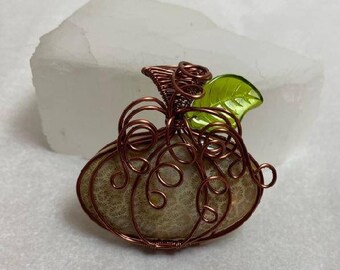 Pumpkin Wire Wrapped Pendant Fossilized Coral in Non-tarnish Copper